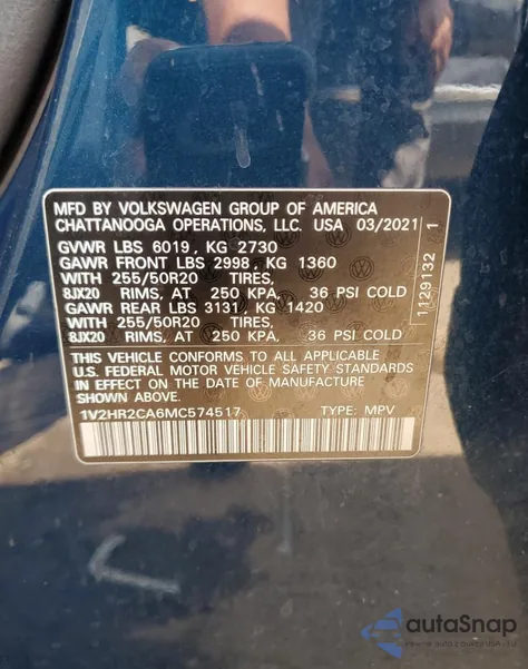 2021 Volkswagen Atlas Se из США, поврежденный, VIN 1V2HR2CA6MC574517